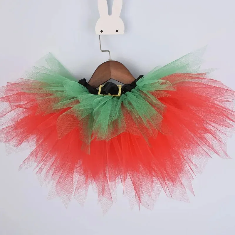 Kids Christmas Tutu Skirt Set with Headwear, Red and Green Tulle Midi Skirt for Christmas, Festive Party Tutu Dress for Children