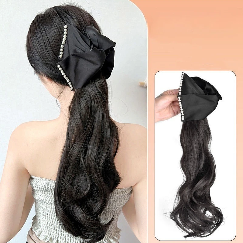 Small fragrance style pearl hair clip ponytail wig high temperature resistant silk long hair, large wave ponytail, synthetic wig