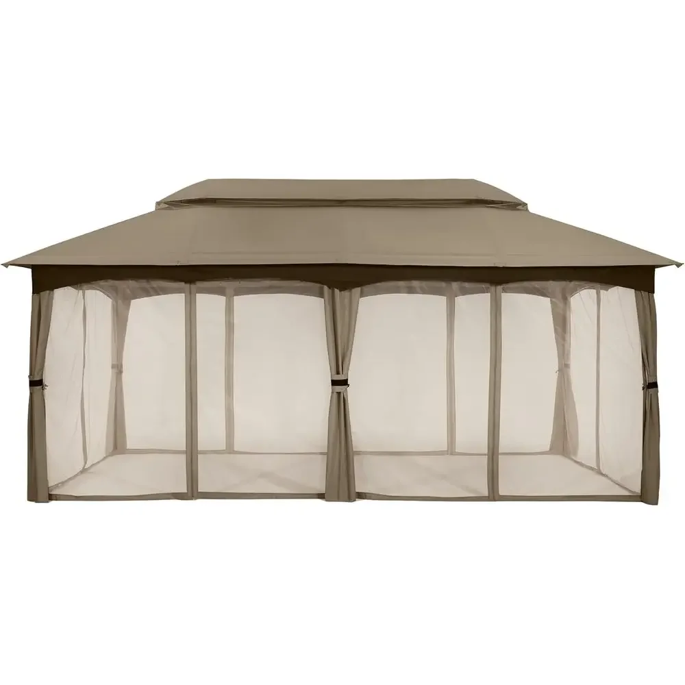 Upgraded Steel and Netting Outdoor Patio Gazebo, 10x20 Khaki