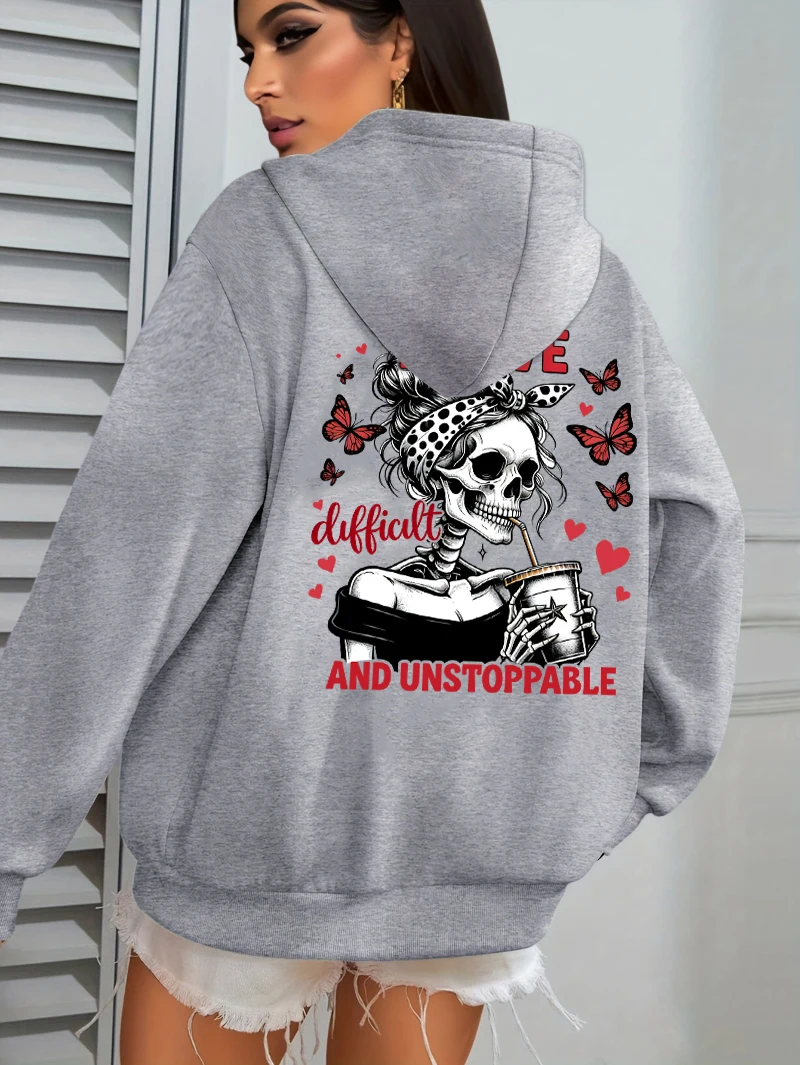 Dappere Moeilijke Drankjes Vlinder Schedels Afdrukken Hoodies Vrouwen Hip Hop Herfst Hoodie Pocket Losse Streetwear Fleece Y2K Trui