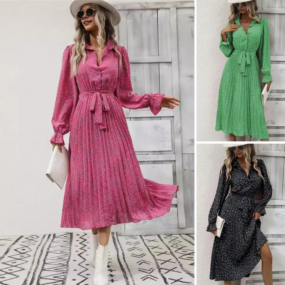 

Elasticated Cuffs Dress Elegant Floral Print Midi Dress with Lace-up Waist V Neck Collar for Women A-line Swing Style for Fall