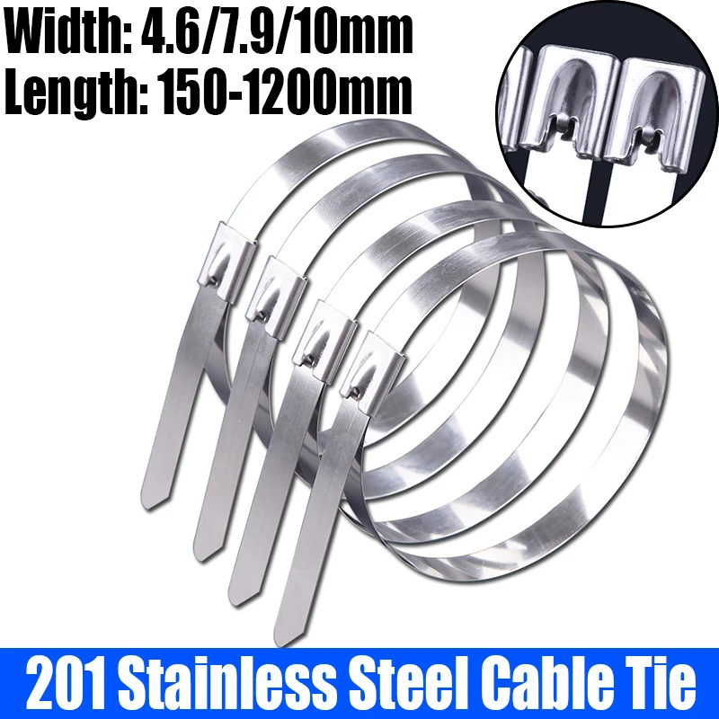 100PCS 201 Stainless Steel Cable Tie Self-Locking Cable Zip Tie Multi-Purpose Metal Exhaust Wrap Locking Ties 4.6/7.9/10mm