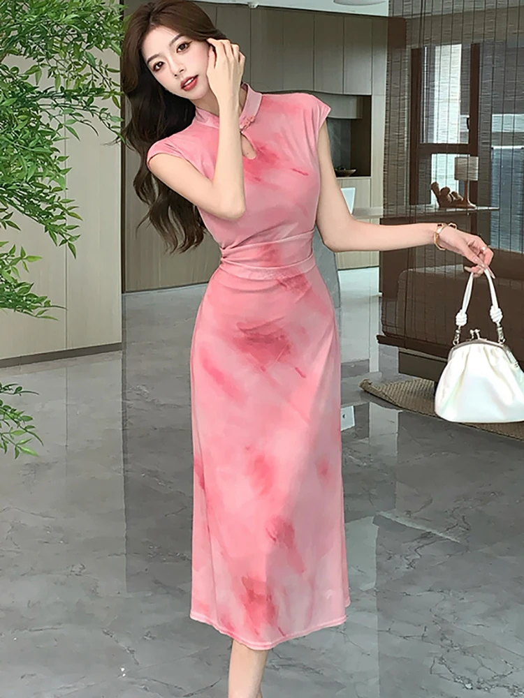 Sommer rosa Farbverlauf schick ärmelloses langes Kleid Frauen koreanische Vintage Luxus Festival Kleider elegante Bodycon Party Vestidos