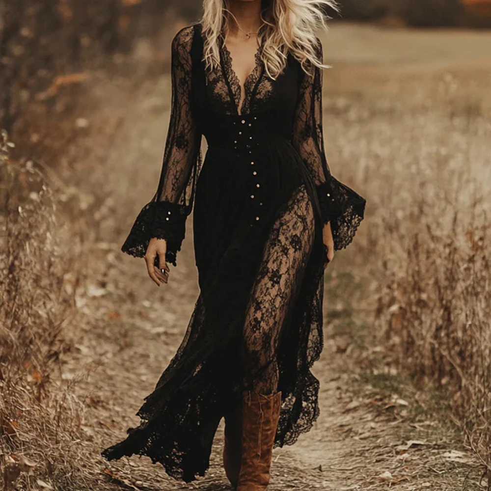 Bohemia Lace Sexy Party Women‘s Maxi Dress Black See-Through V-Neck Mesh Sheer Bell Sleeve Corset Waist Gothic Chic Long Dresse