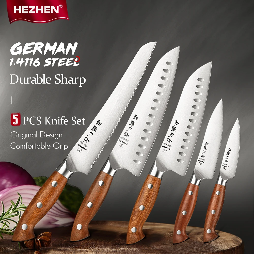 

HEZHEN 5PC Chef Knife Set German 1.4116 Stainless Steel Sharp Cook Santoku Knife Gift Box Kitchen Utility Knife