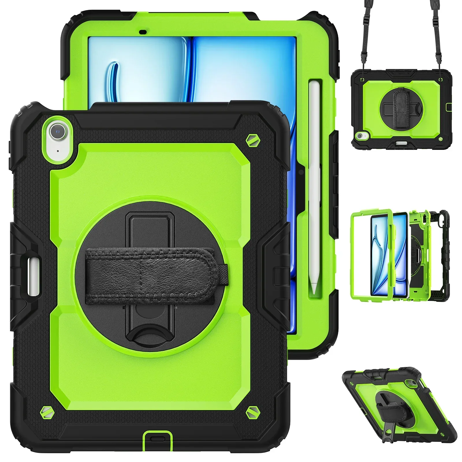 for iPad Air 11 M2 A2902 2024 , Military Grade Shockproof Protector Silicone Cover Pencil Holder+Handle Shoulder Strap