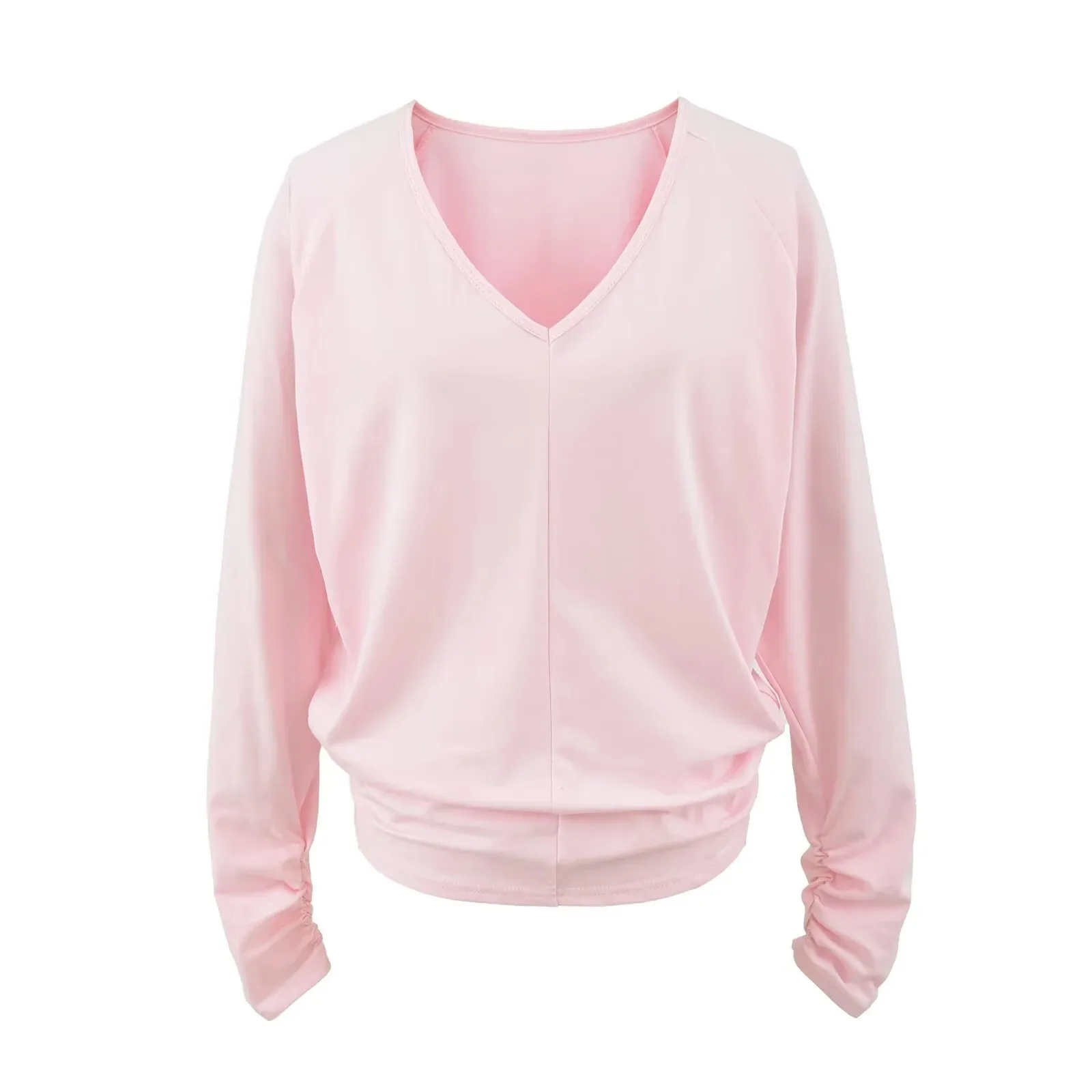 

Пряный сексуальный топ с глубоким v-образным вырезом и солнцезащитным кремом для женщин, осенняя свободная универсальная футболка с рюшами и подолом, повседневная стильная футболка с длинными рукавами W7JO