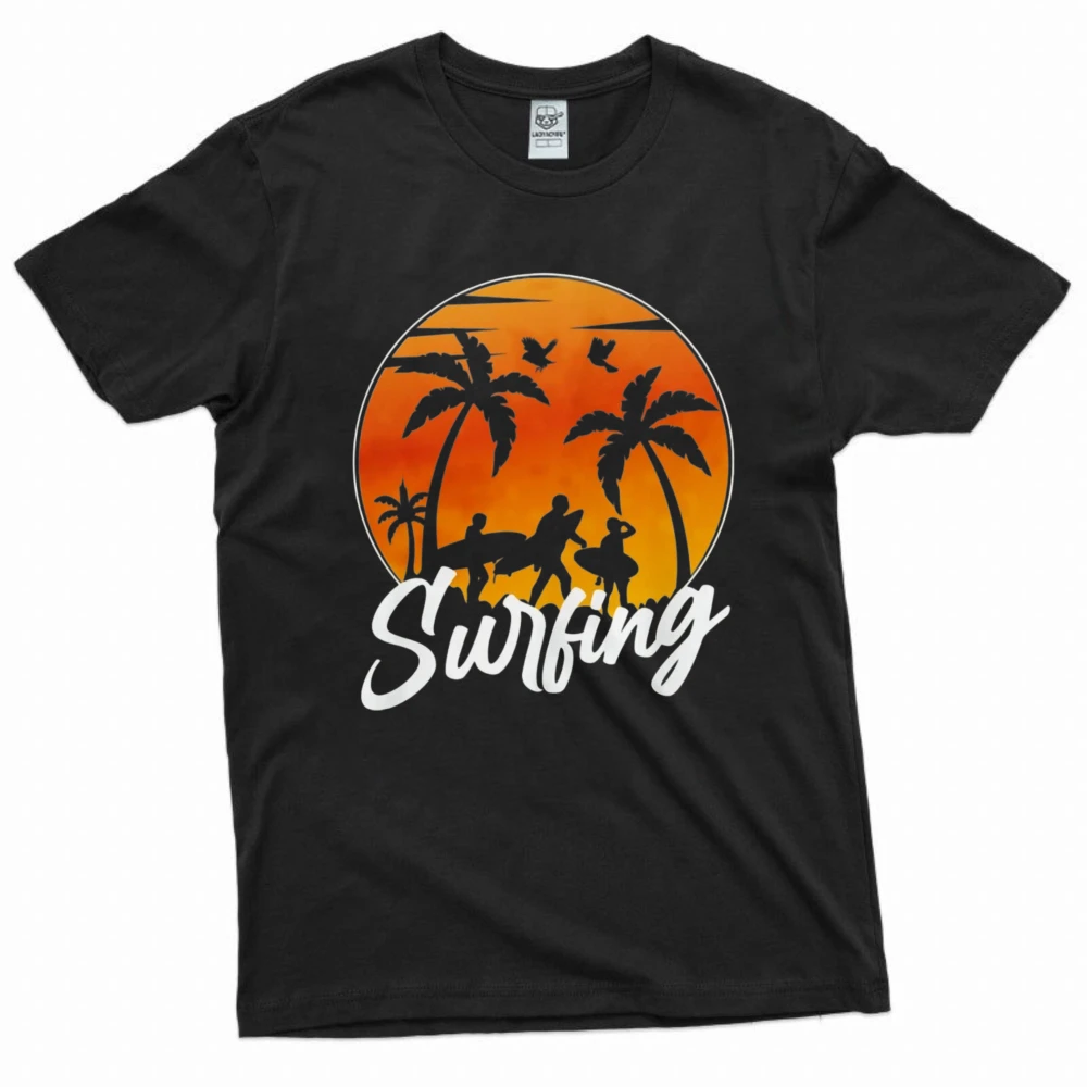 Surfing T-Shirt Retro Surfing Beach Summer Gift Sunset Palm Tree Silhouette Graphic Tees Trendy Beach Vacation Casual Cotton Top