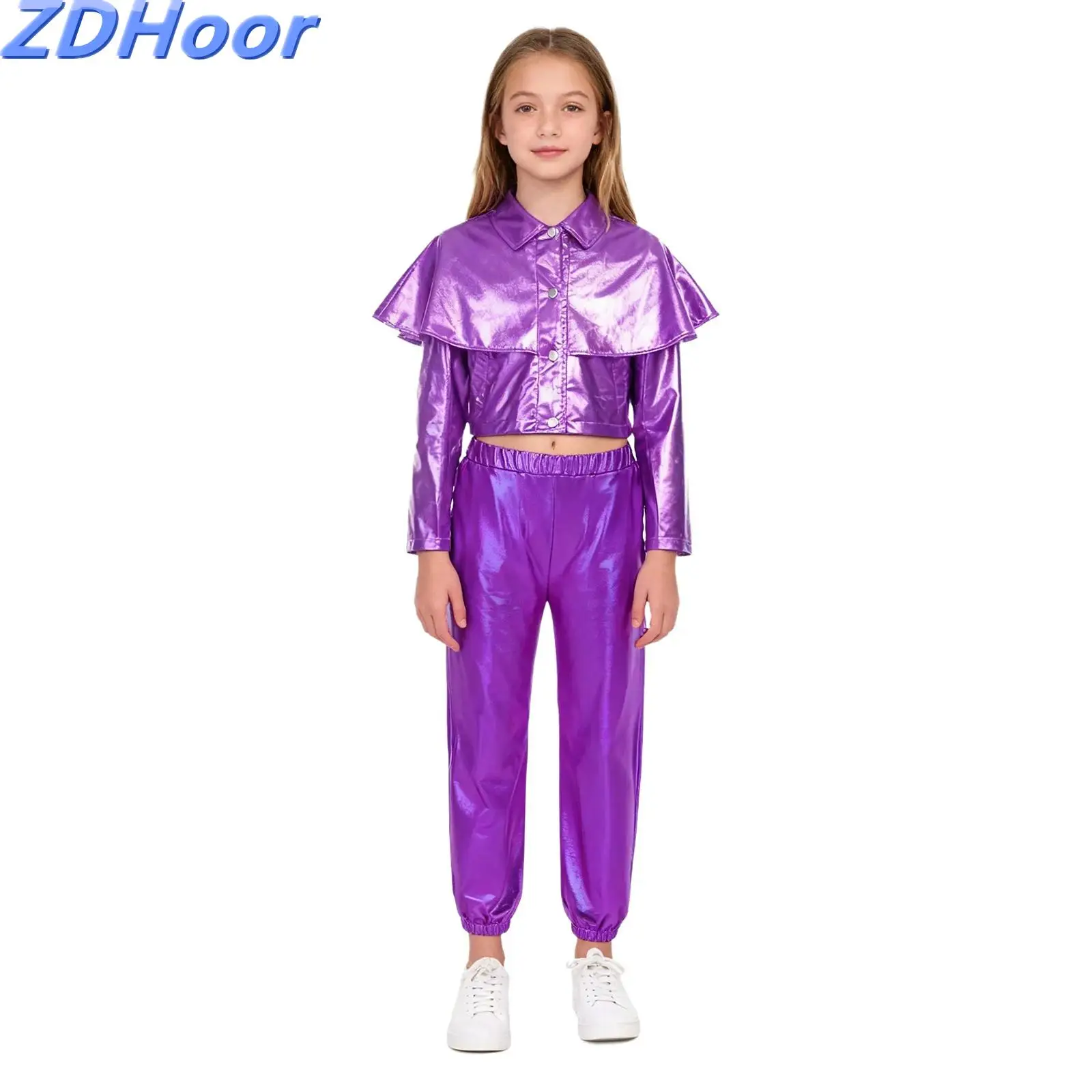 

Kids Girls Metallic Dance Outfit Turn Down Collar Long Sleeve Front Press Buttons Ruffle Jacket Top with Elastic Waistband Pants