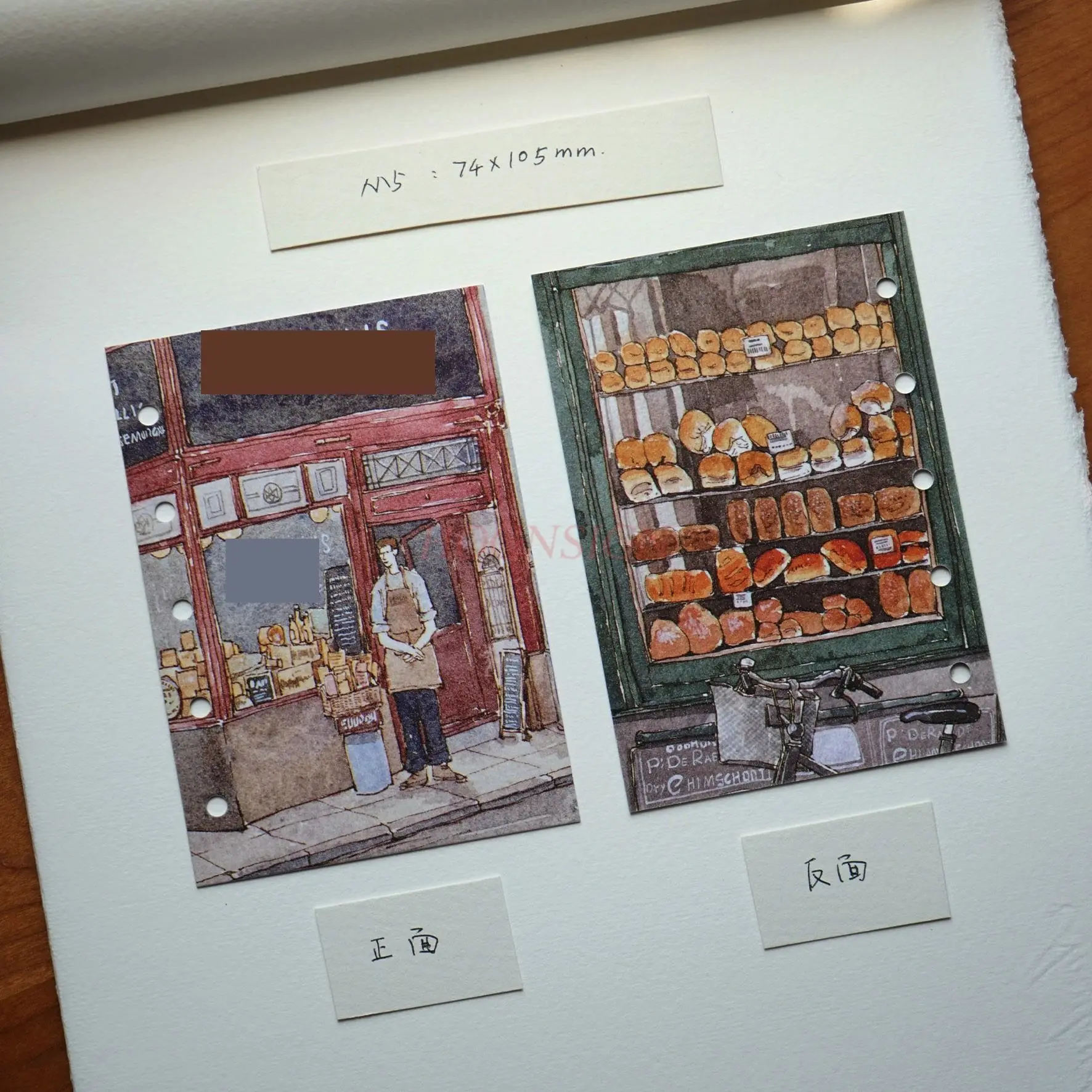 4 pezzi Illustrazioni ad acquerello disegnate a mano, pagine a fogli sfusi, note per conti a mano