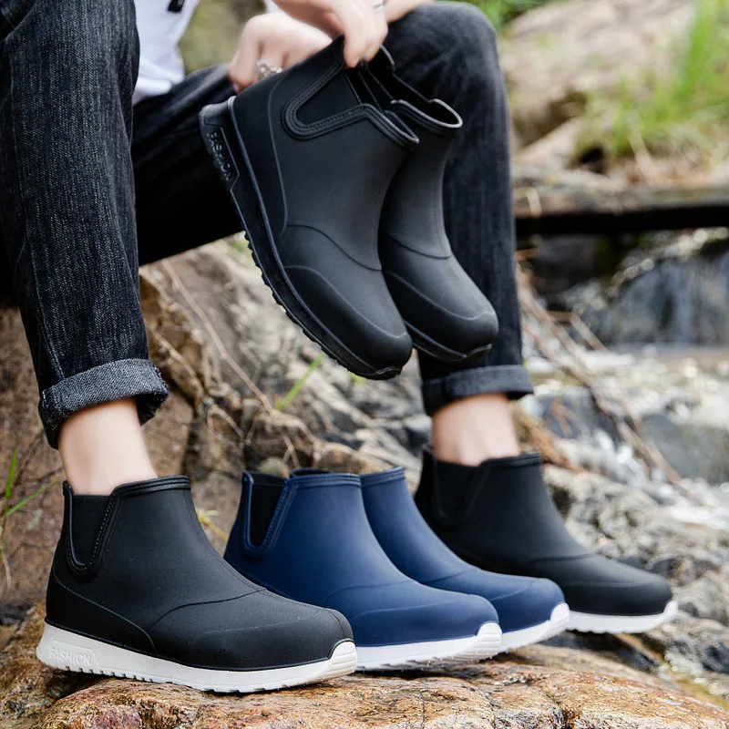 Rain Boots Man\'s Rubber Boots Fashion Ankle Boots Round Toe Plarform Boots Outdoor Non-slip Slip on Rain Shoes Men Fishing Boots