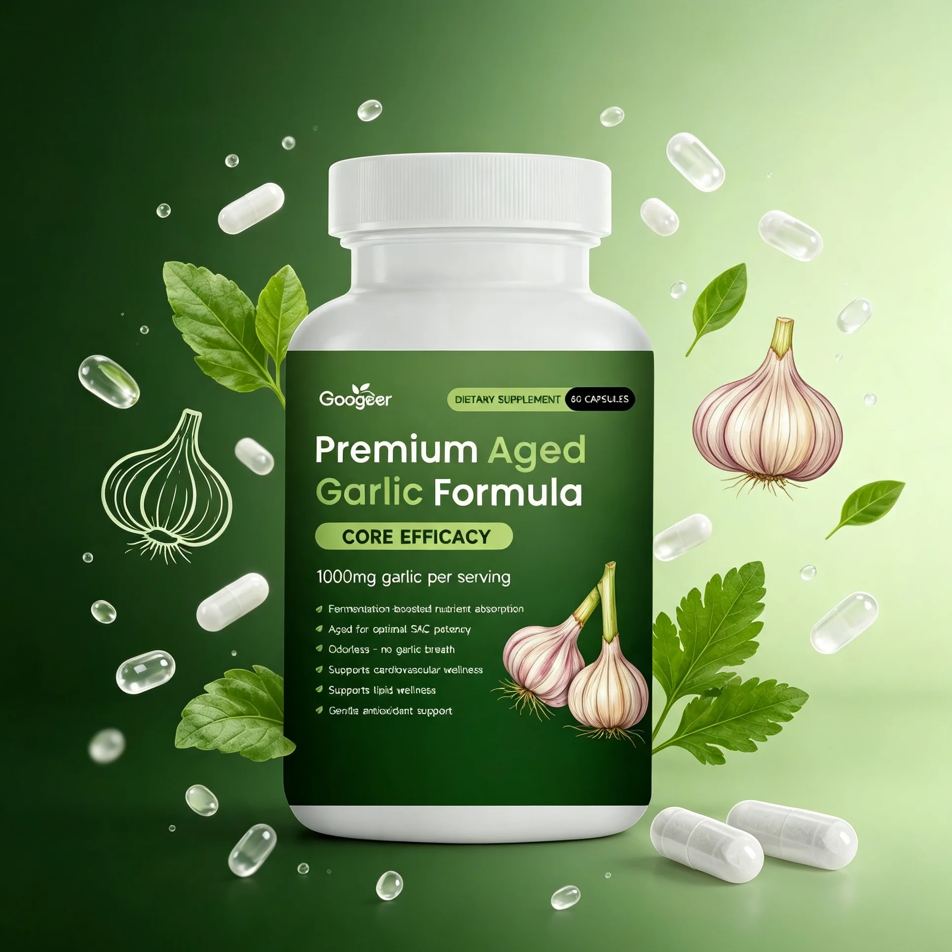 Garlic Fermented Capsules Antioxidant Cellular Detox Heart Cardiovascular Care Immune Support Daily Inner Body Wellness Pills