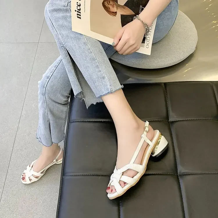 Ladies Summer New Buckle Mid Heel Fashion Women\'s Fashion Simple Fish Mouth Sandals Square Heel High Heels Women Sandals 2023