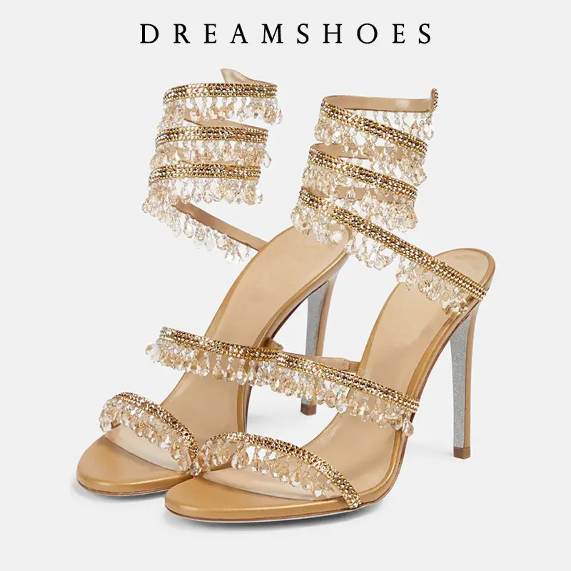2025 Primavera/Novedad de verano joya de diamante de agua envueltas en la muñeca Sandalias de tacón alto en forma de serpiente zapatos sexis de talla grande sandalias de mujer para chica