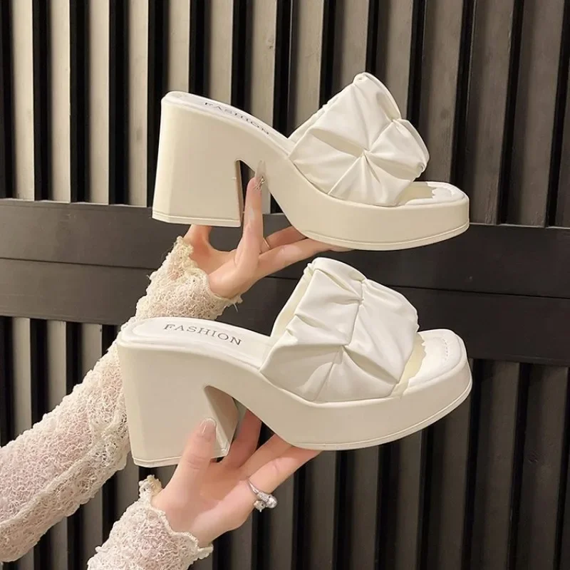 Ladies Shoes on Sale 2024 New Fashion Square Toe Anti-wrinkle Women's Slippers Summer High-heeled Casual Women Fish Mouth Shoes