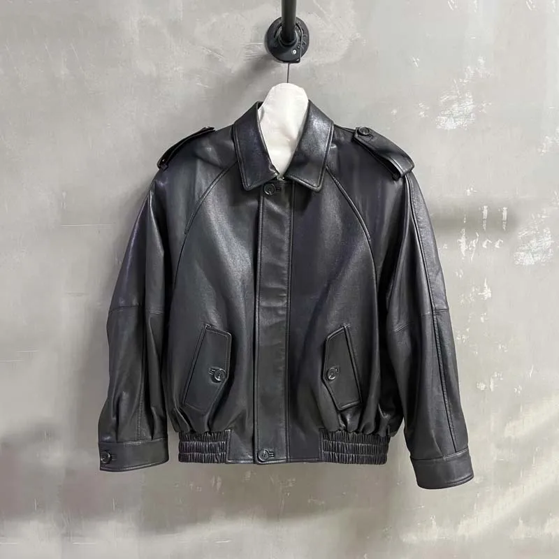 Frauen mantel herbst winter natürliche echte schaffell jacke lose weibliche kurze länge drehen-unten kragen kleidung hohe qualität