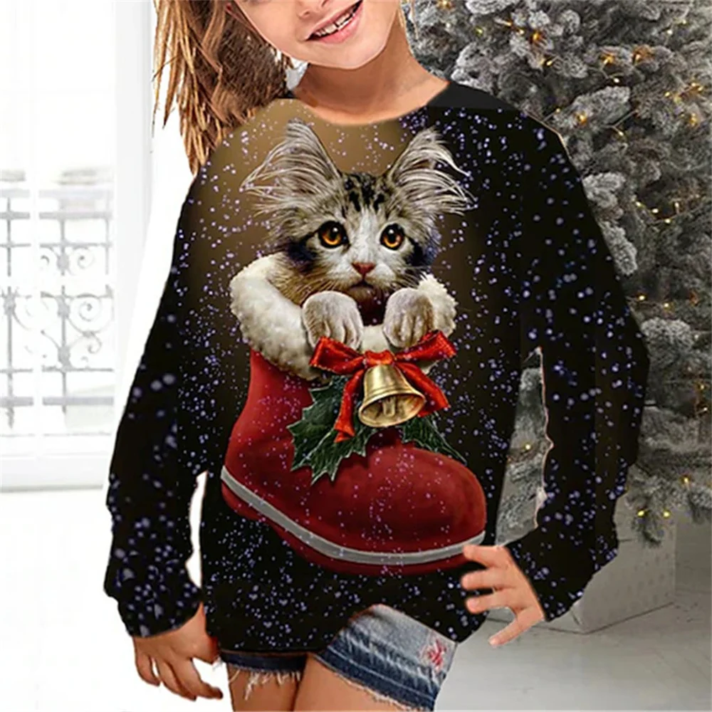 Kids Clothes Girl T-Shirt Long Sleeve Christmas 3D Cat Print Children Spring Fall Clothes Casual Round Neck Girl Clothes Tops