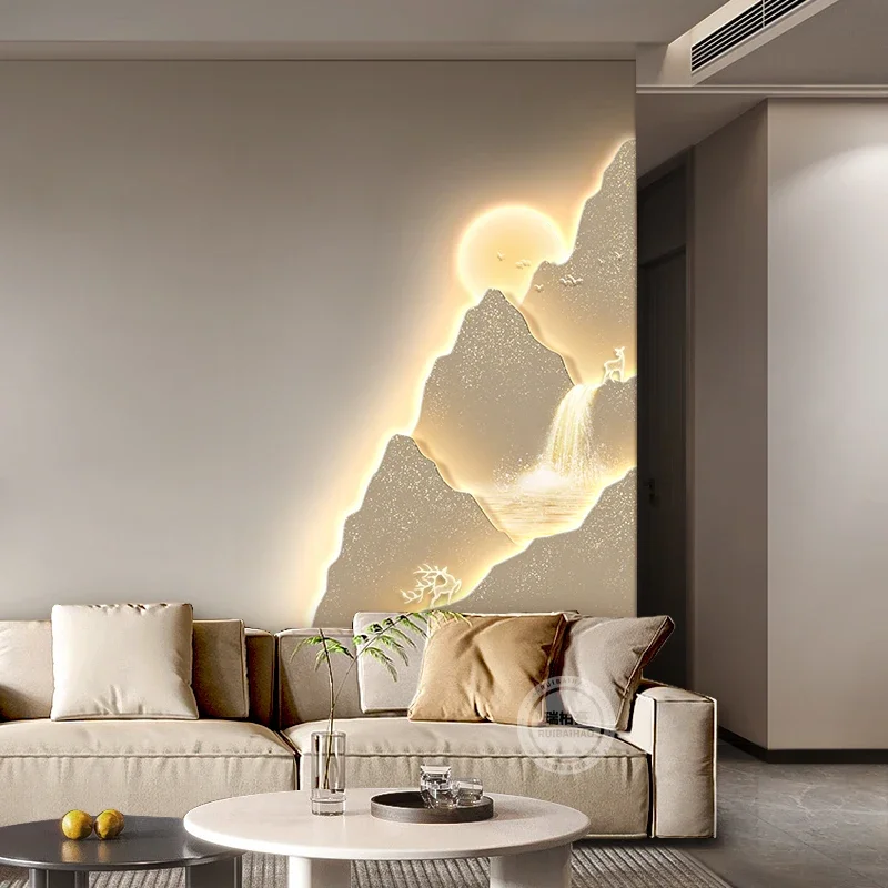 LED Mountain Wall Light Modern Landscape Mural Lamp with Sunset Effect for Living Room Bedroom Background Decoration