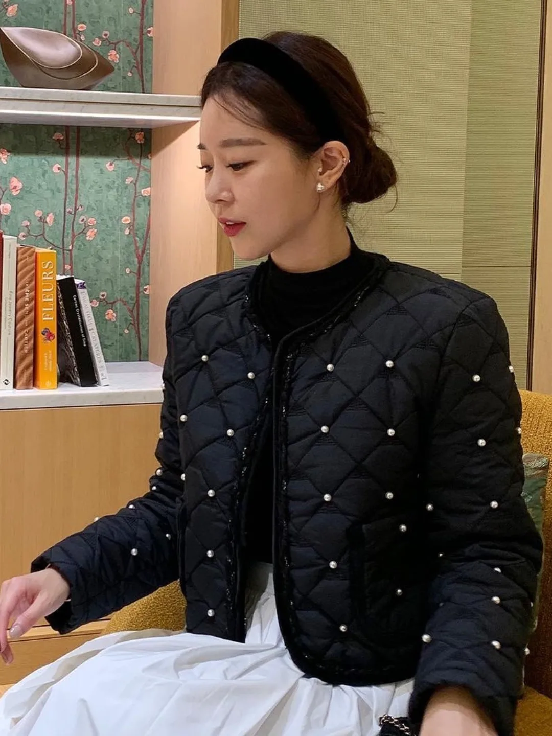 

round Ne Cotton Jaet Women's Versatile Embellied Pred Pattern Diamond Design Dongda Gate Little Fraance Sle