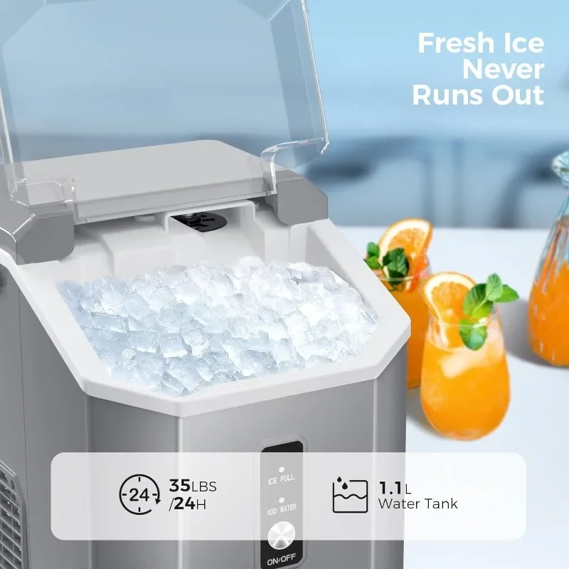 AGLUCKY Nugget Ice Maker Countertop، ماكينة صنع الثلج المحمولة بمقبض، 35 رطل، تشغيل بنقرة واحدة، صانع ثلج الحبيبات