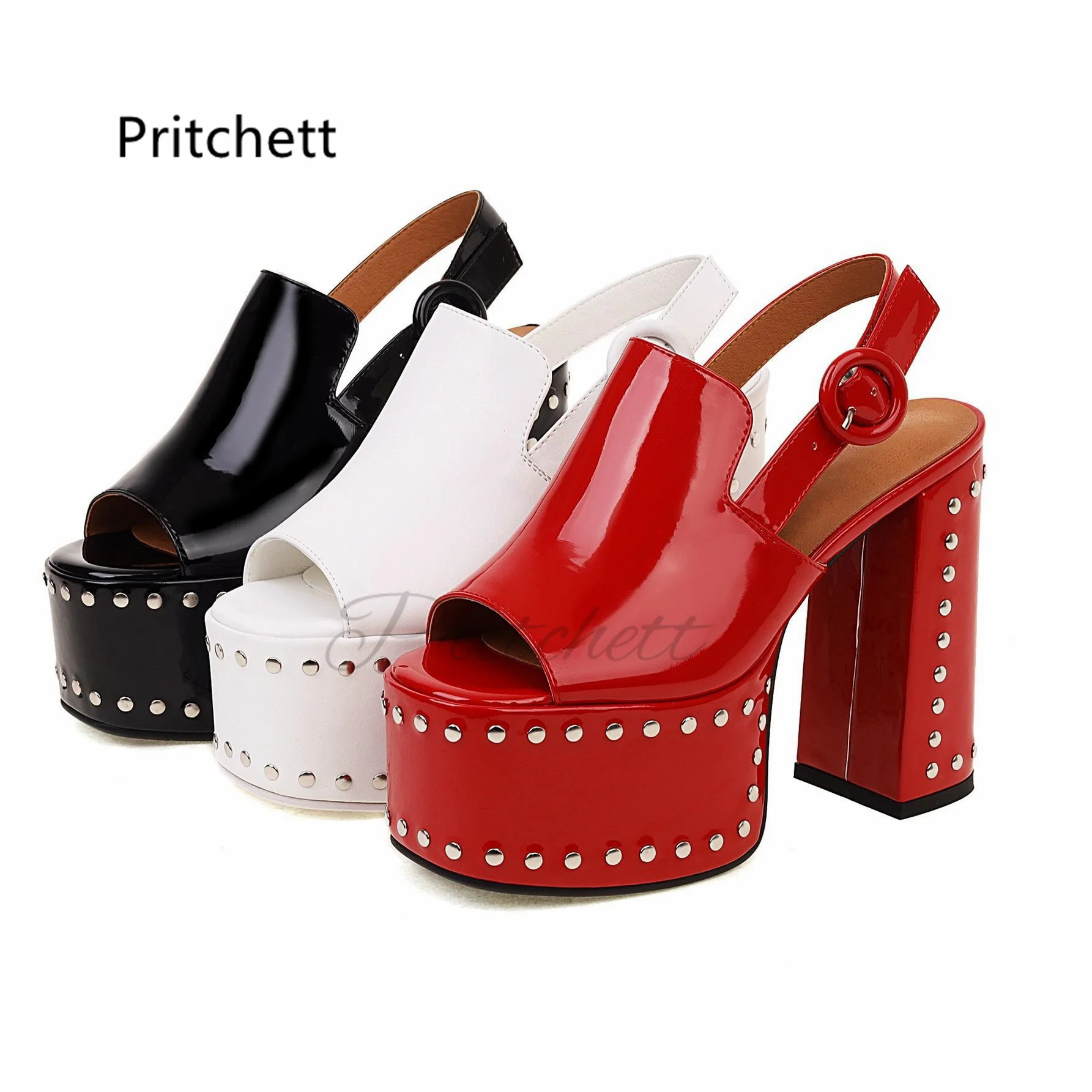 Rivetto Chunky tacchi alti sandali da donna rosso bianco nero in pelle verniciata Peep Toe Platform Shoes Summer Fashion Party banchetto scarpa