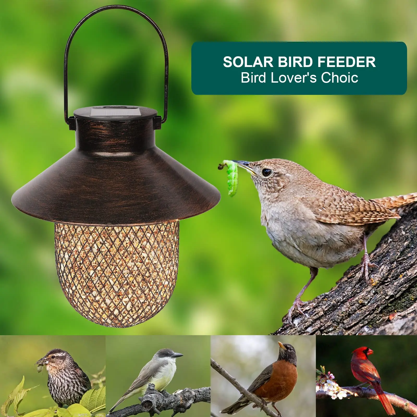 Owl Shaped Feeder and a Solar Bird Feeder, Heavy Duty Copper Metal Mesh Wildfinch Feeder for Outdoor Garden Patio Decoration