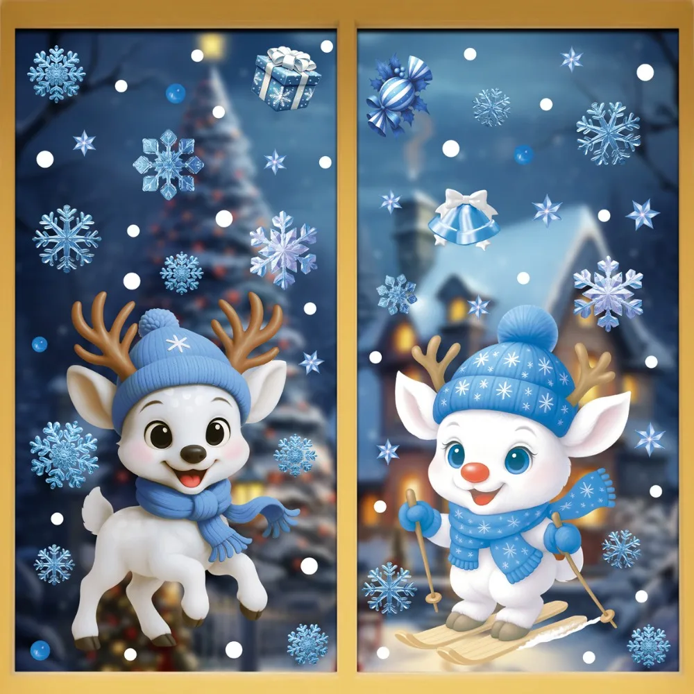 2PCS Santa Snowman Christmas Window Stickers Elk Snowflake Design Static Cling Glass Static Stickers Blue Glue-free