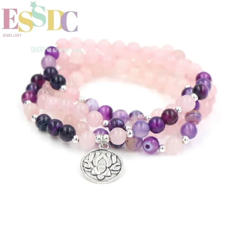 New Design 8mm Natural Pink Crystal Violet Striped Onyx 108 Mala Beads Bracelet or Necklace Lotus Pendant Female Yoga Jewelry
