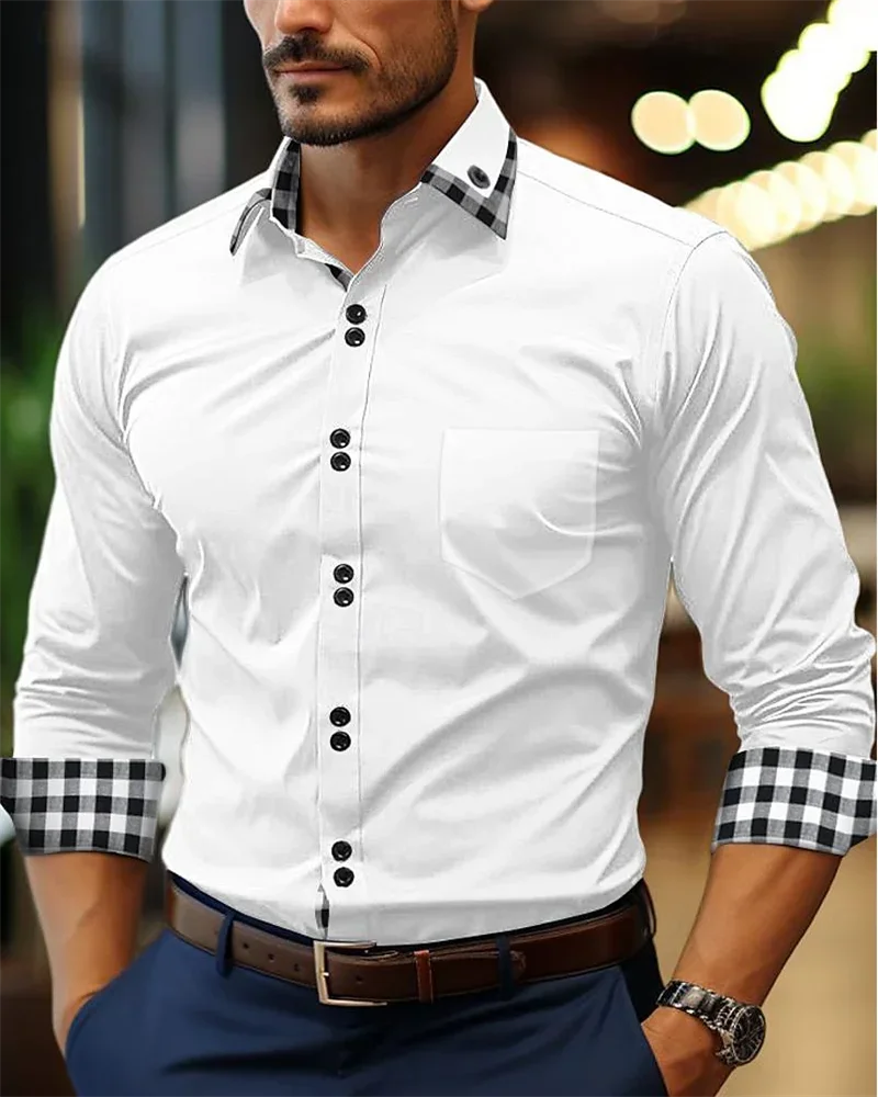 Men\'s long sleeved button up shirt plaid color blocking lapel patchwork clothing casual fashion men\'s summer new shirt S-6XL