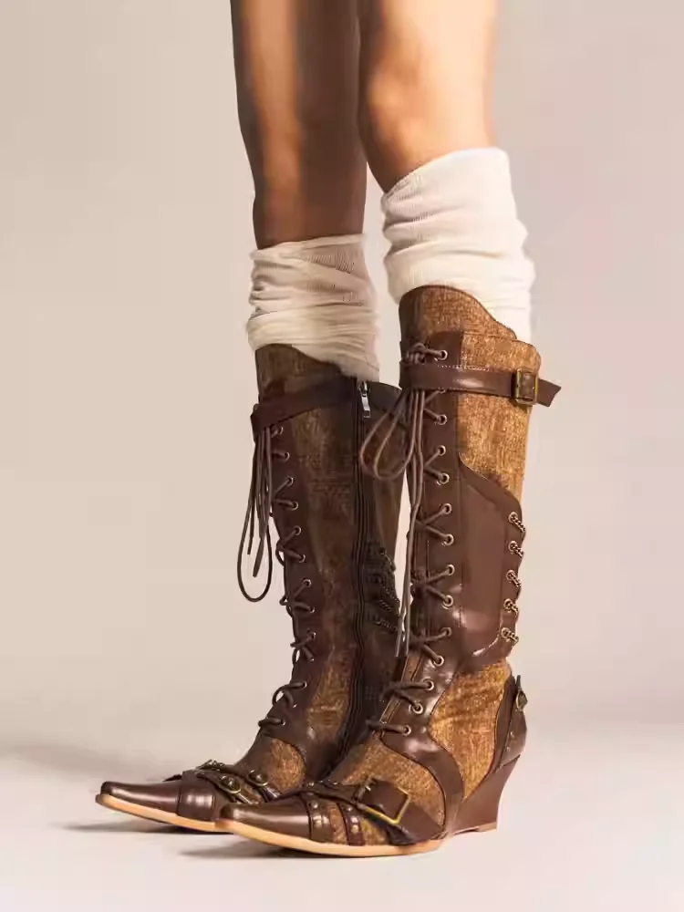 

Retro height-enhancing lace-up punk boots for women brown long boots hot girl western cowboy boots