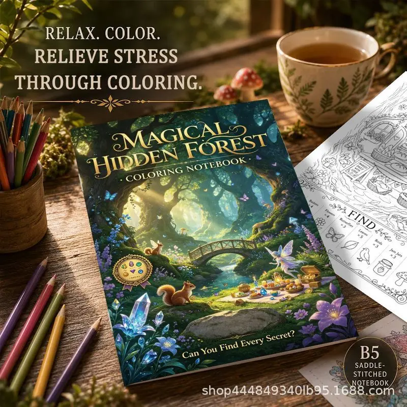 Magic Forest Themed Adult Stress Relief Coloring & Seek Book, B5 Hidden Object Search Coloring Book for Relaxation Art Creation