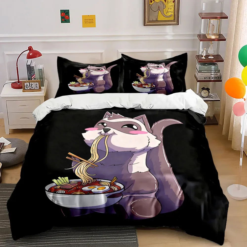 

Funny Cartoon Raccoon Noodle Set Soft Comfortable Duvet Cover Bedding Set Included 1*Duvet Cover & 2*Pillowcases, gift