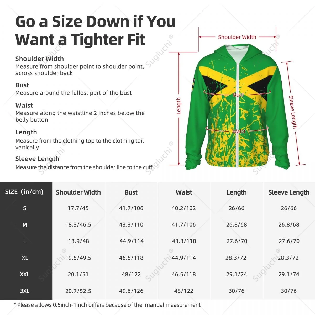 Jamaica Vlag Zonbescherming Hoodie Zonnebrandcrème Kleding Vissen Fietsen Snel Droog Lange Mouw Met Rits Polyester