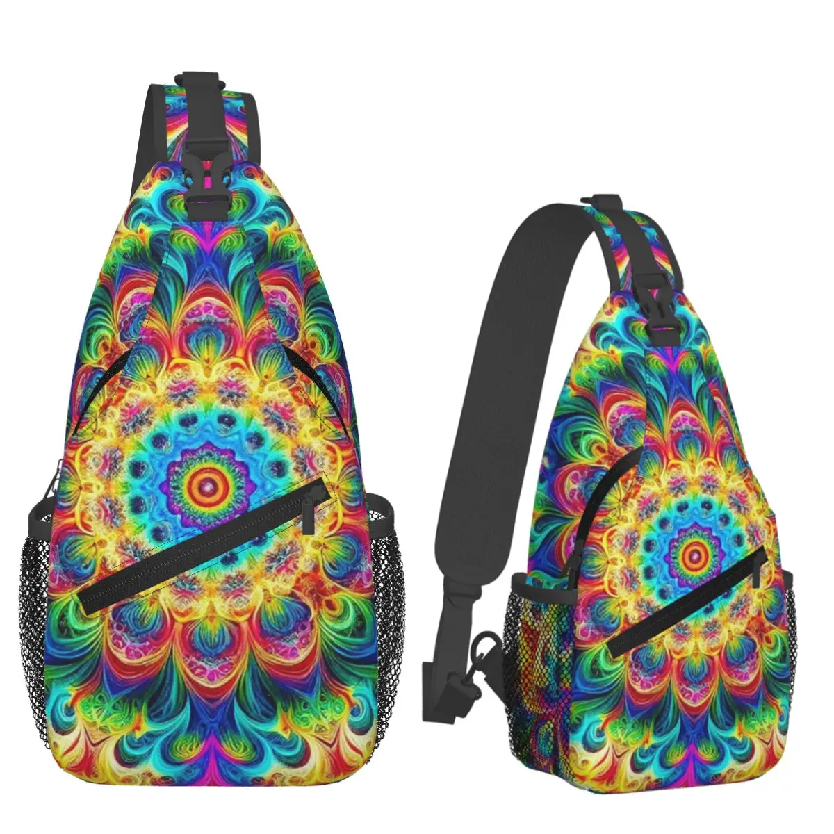Retro Psychedelic Black With Vibrant Magic Pattern Chest Bag Men Sling Crossbody Backpack Chest Bag Travel Daypack Shoulder Bag
