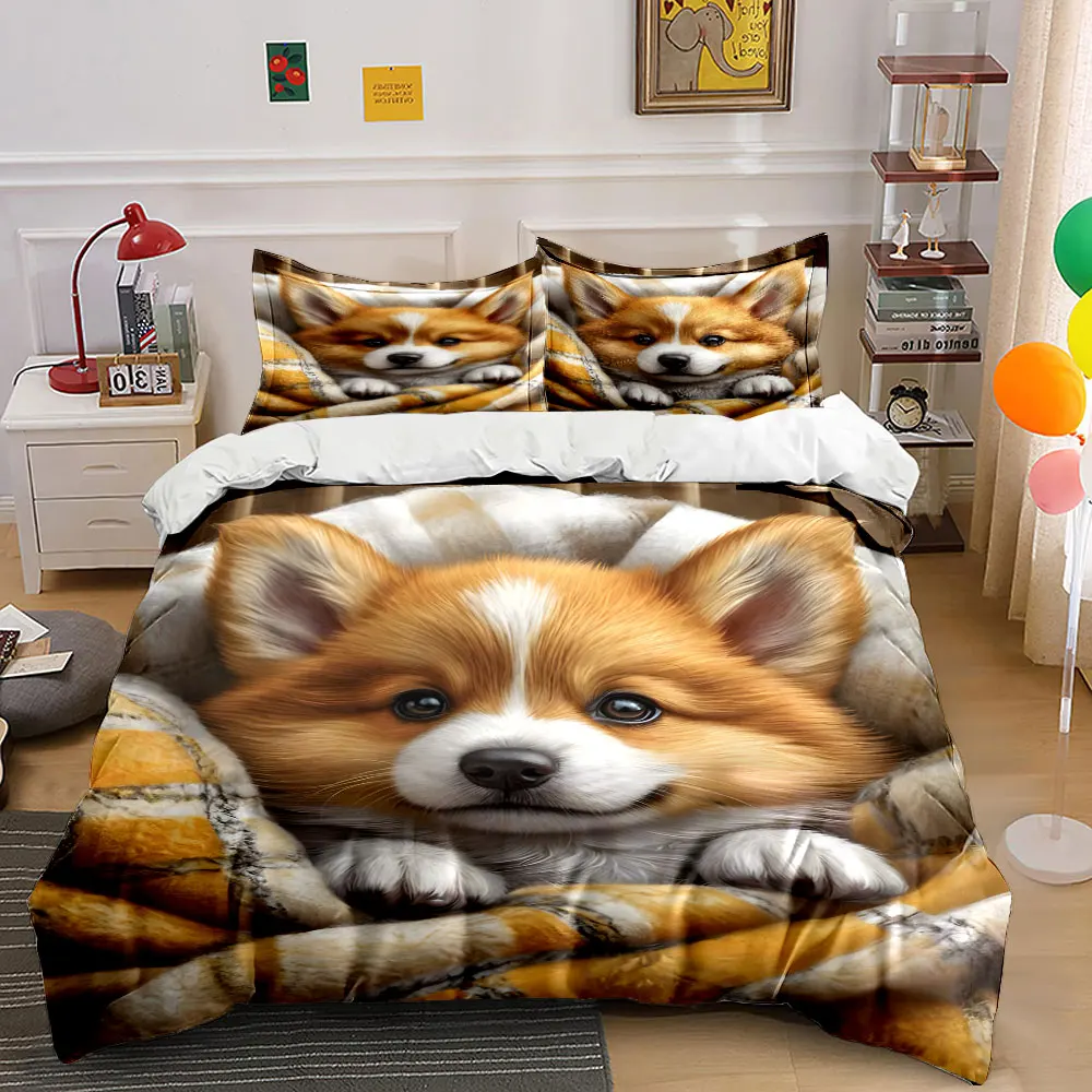 

Cozy dog sleeping in blanket Print Bedding Set 1 Duvet Cover 2 Pillowcases for Adult and Children Luxury Gift Full Size