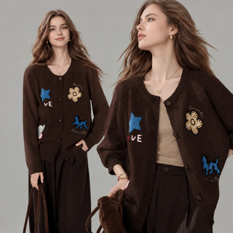 Women's Cute Embroidered Knit Cardigan, Long Sleeve Crewneck Button Down Sweater With Star Puppy Heart Patches, Soft Oversized F