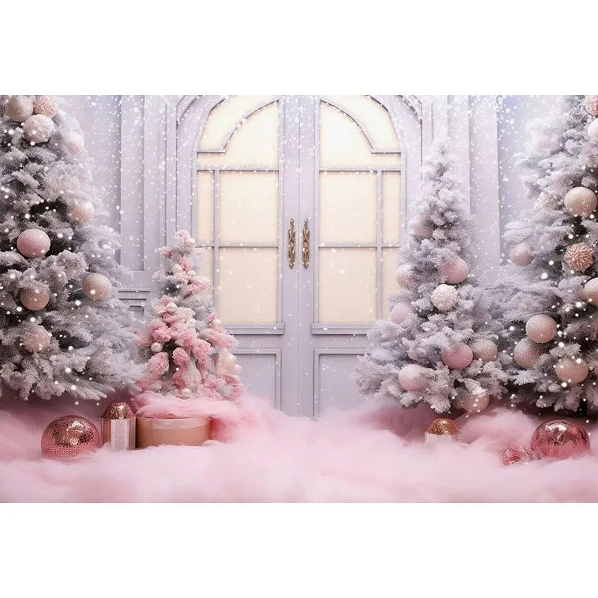 Avezano Christmas Portrait Photography Background Pink House Xmas Trees Indoor Windows Portrait Photo Backdrop Photobooth Props