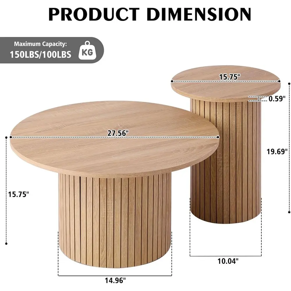 Round Coffee Table Set of 2, suitable for small spaces, modern style, suitable for living rooms, roller design, wooden.
