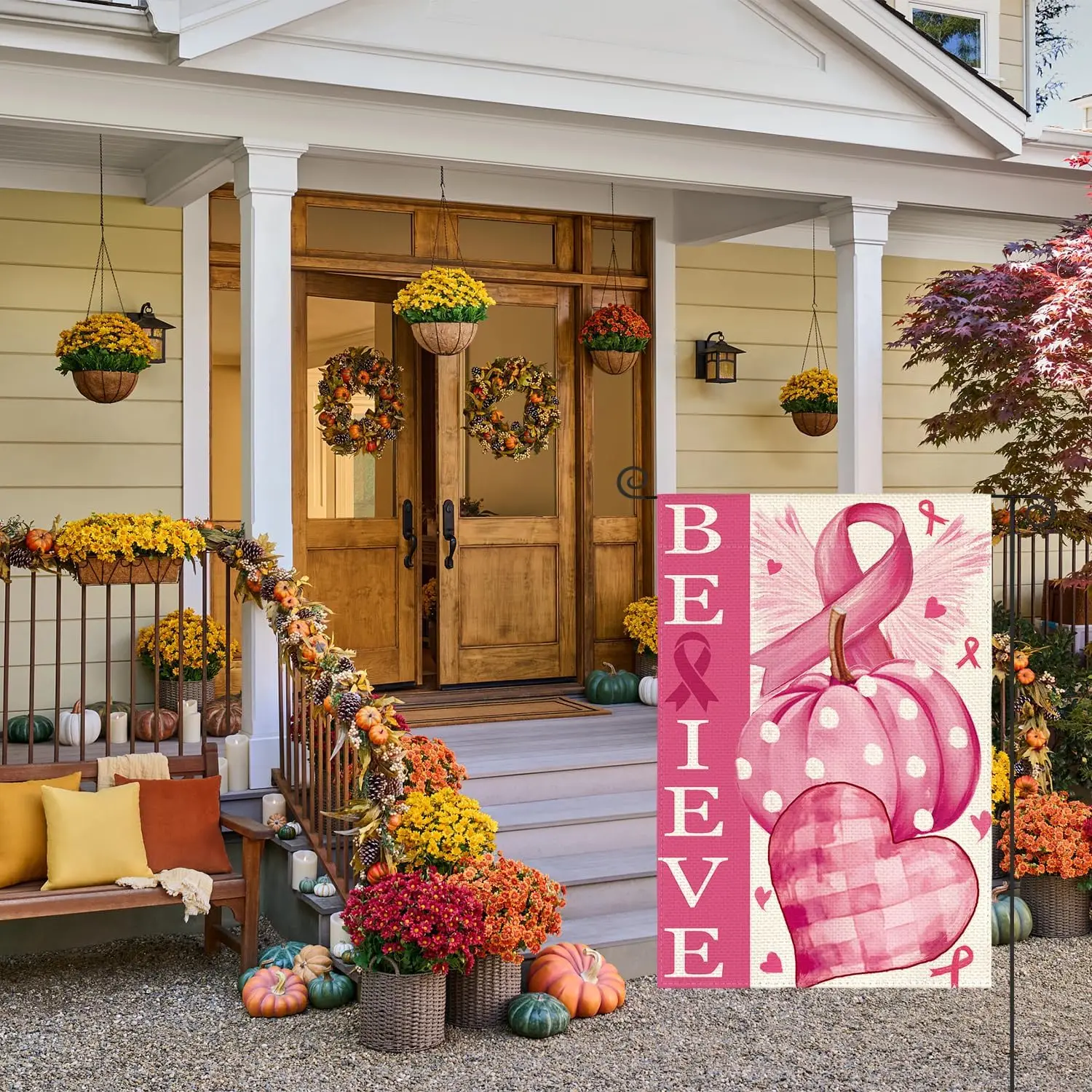 AVOIN colorlife Breast Cancer Awareness Garden Flag 12x18 Inch Double Sided Outside, October Pink Inspirational Support Yard KKW