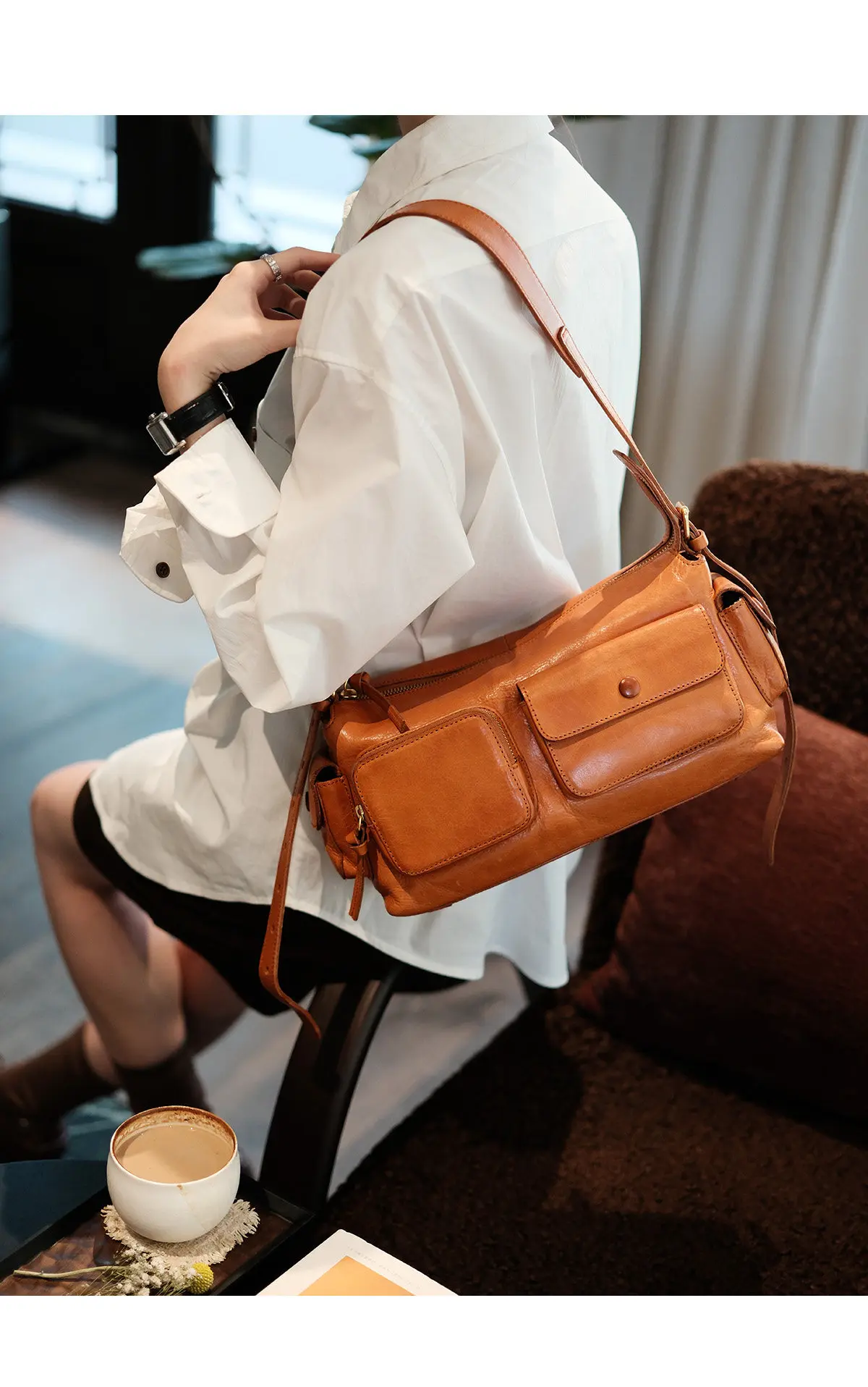 Modische Vintage-Designer-Handtasche aus echtem Leder für Damen, mit mehreren Fächern, als Schultertasche oder Umhängetasche für Wochenendeinsätze und Partys, luxuriöse Kuhledertasche. – Detail 9
