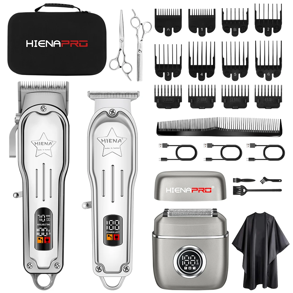Kit de Cortadora, Recortadora y Afeitadora de Pelo 3 en 1 HIENA PRO, Set Profesional Inalámbrico para Barbería con Pantalla LCD