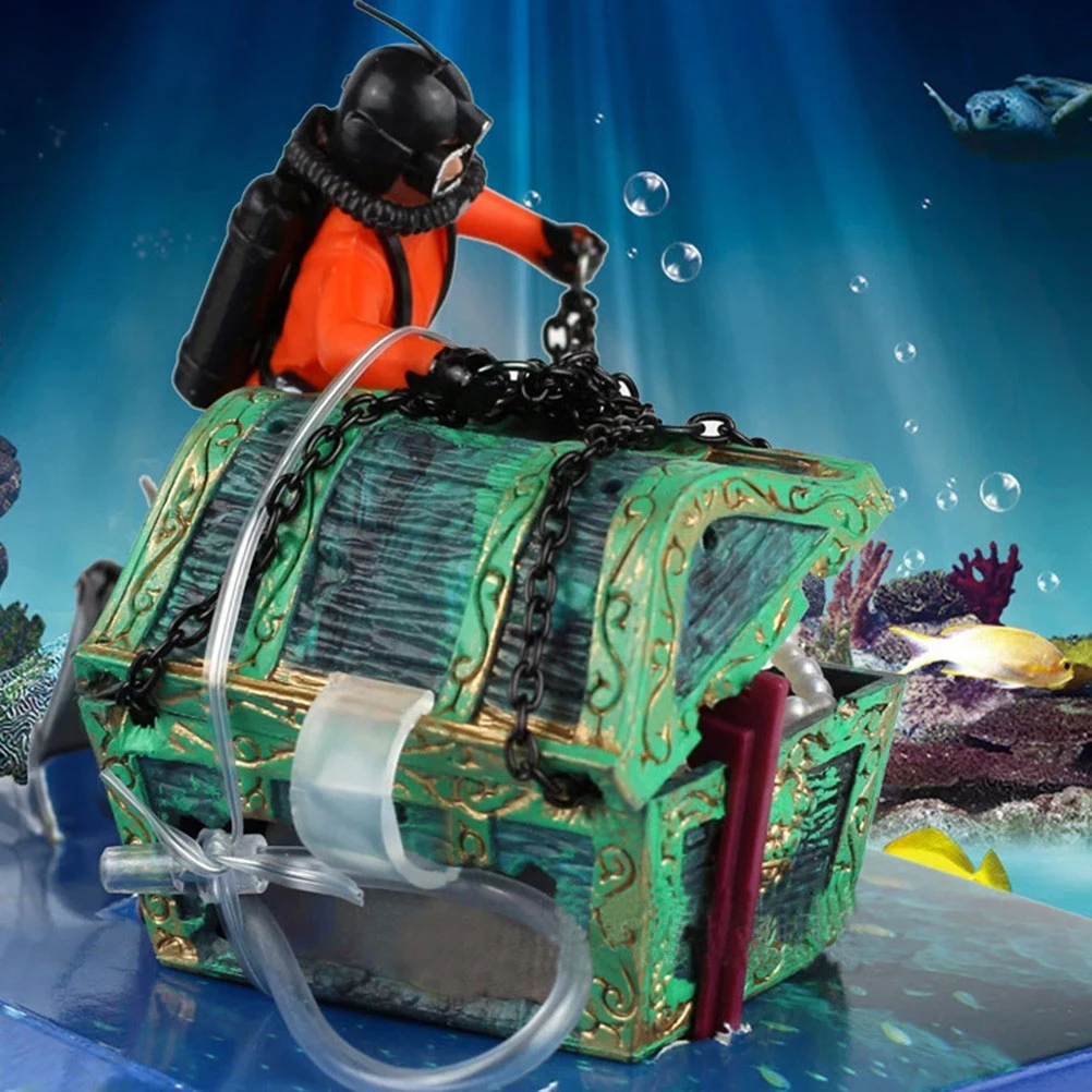 

2pcs Diver Scuba Aquarium Decoration Fish Tank Treasure Chest L scape nament Underwater Safe Non Fading Bubble Effect