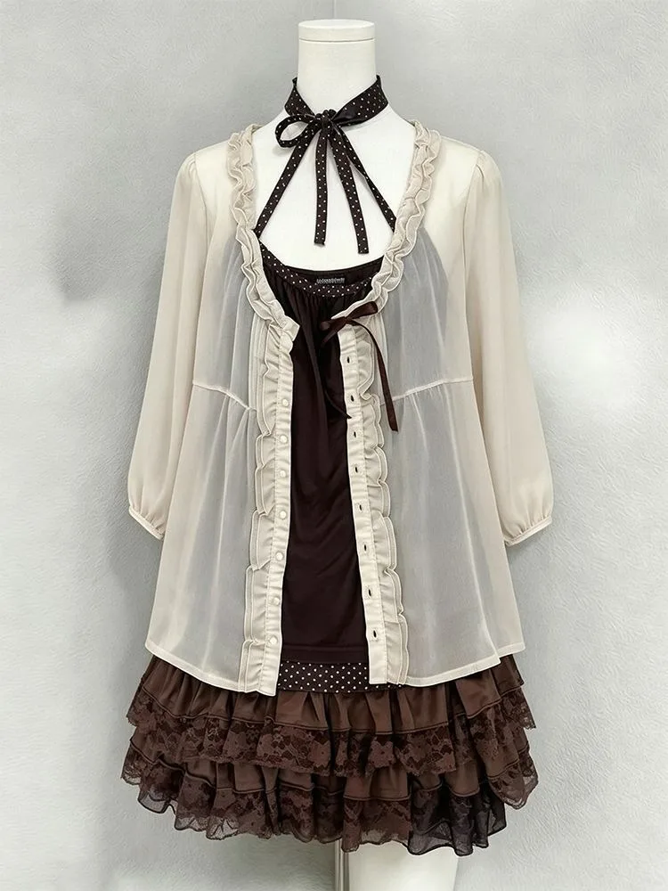 Japanese Y2K Harajuku Lolita 3 Piece Matching Outfits Ladies Ruffle Decor Cardigan Casual Vest Sweet Mini Skirt Party Daily Suit