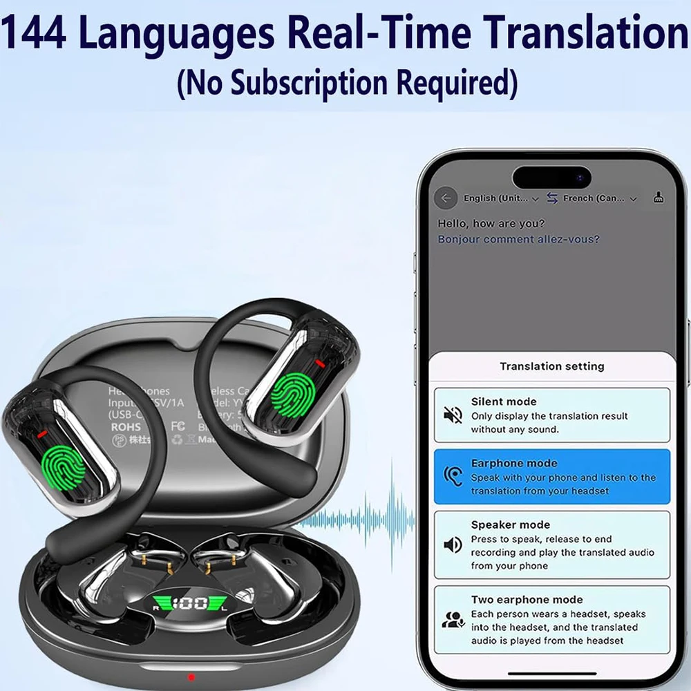

UYUXIO Open Ear Wireless Translate Earbuds BT 5.4 OWS Real Time AI Language Translation Earphone with 144 Languages for Business