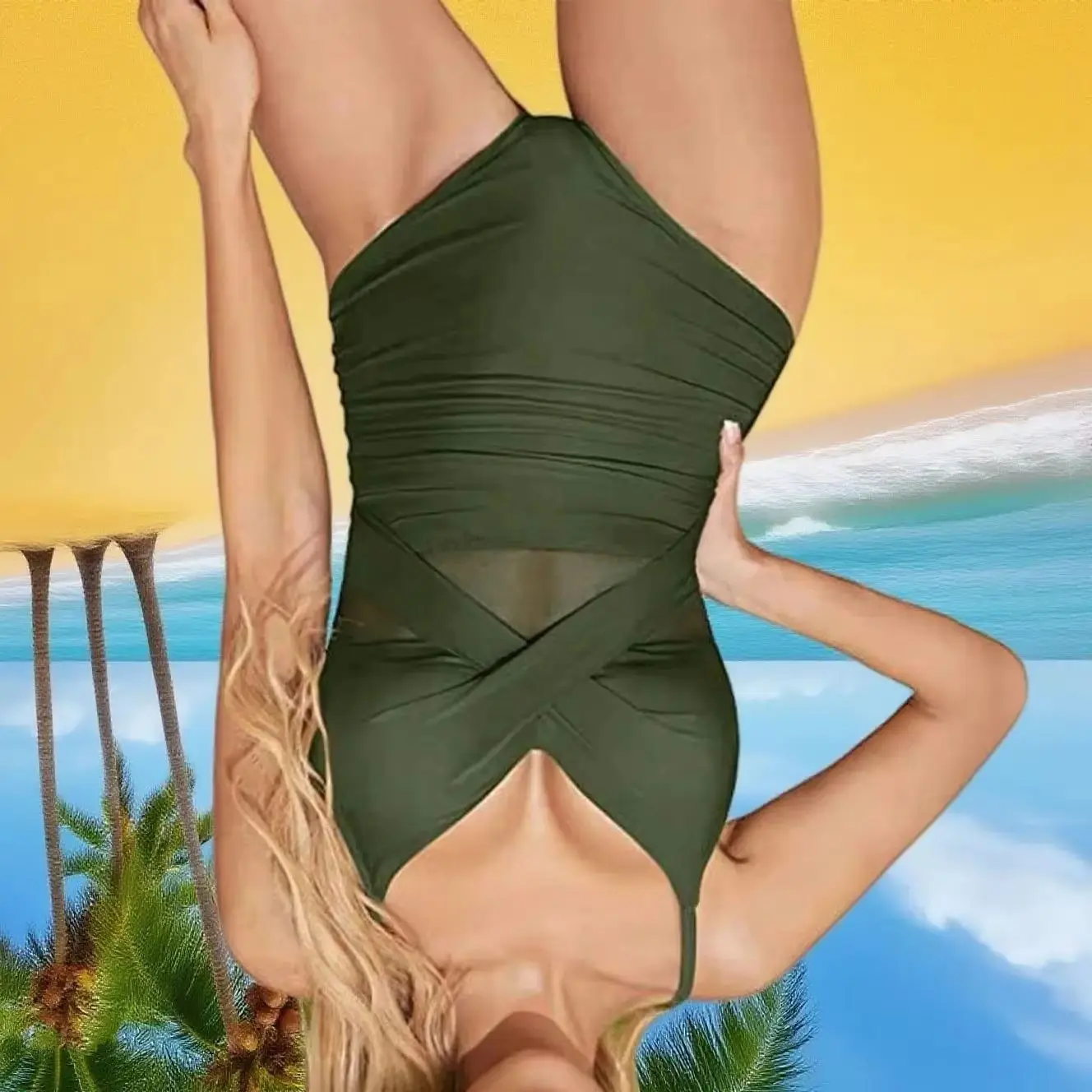 2025 Sexy One-piece Swimsuit Women Monokini V-Neck Sling High Waist Mesh Splicing One-piece Swimsuit Sexy Beachwear Bathing Suit