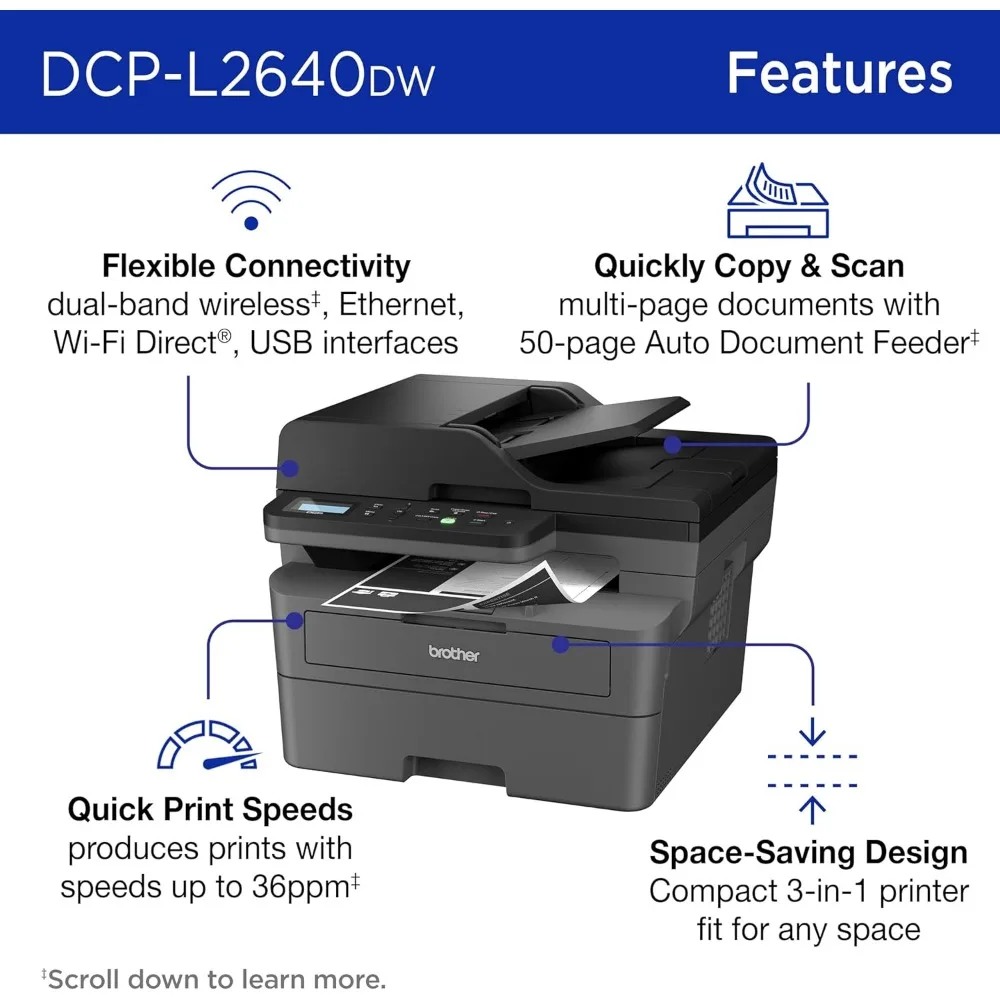 เครื่องพิมพ์เลเซอร์อเนกประสงค์ขาวดำไร้สายขนาดกะทัดรัด DCP-L2640DW ไร้สายพร้อมการทำสำเนาและสแกนดูเพล็กซ์มือถือขาวดำ