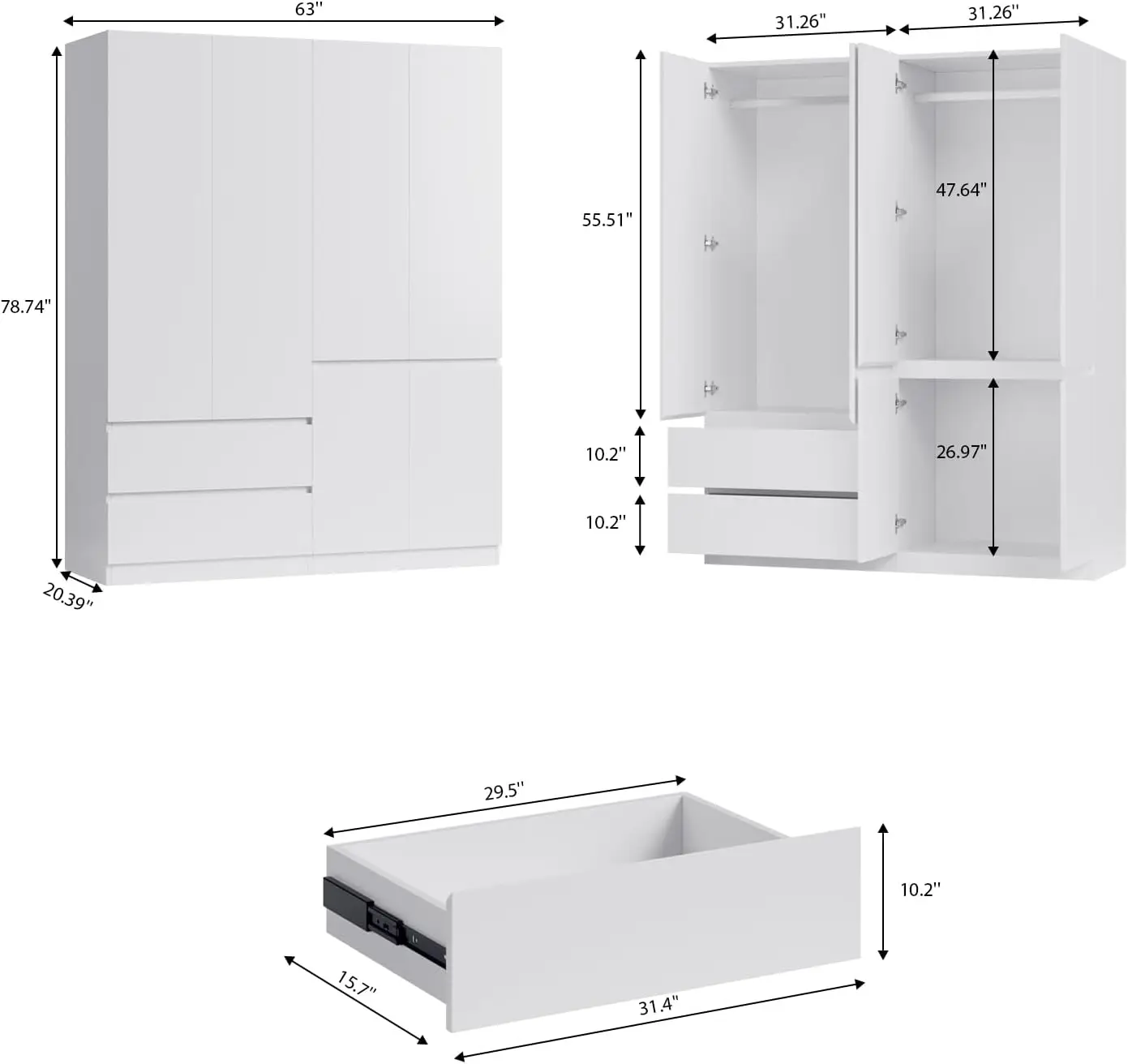 Armário com 4 portas e 2 gavetas, 20,39"C x 63"L x 78,74"H.