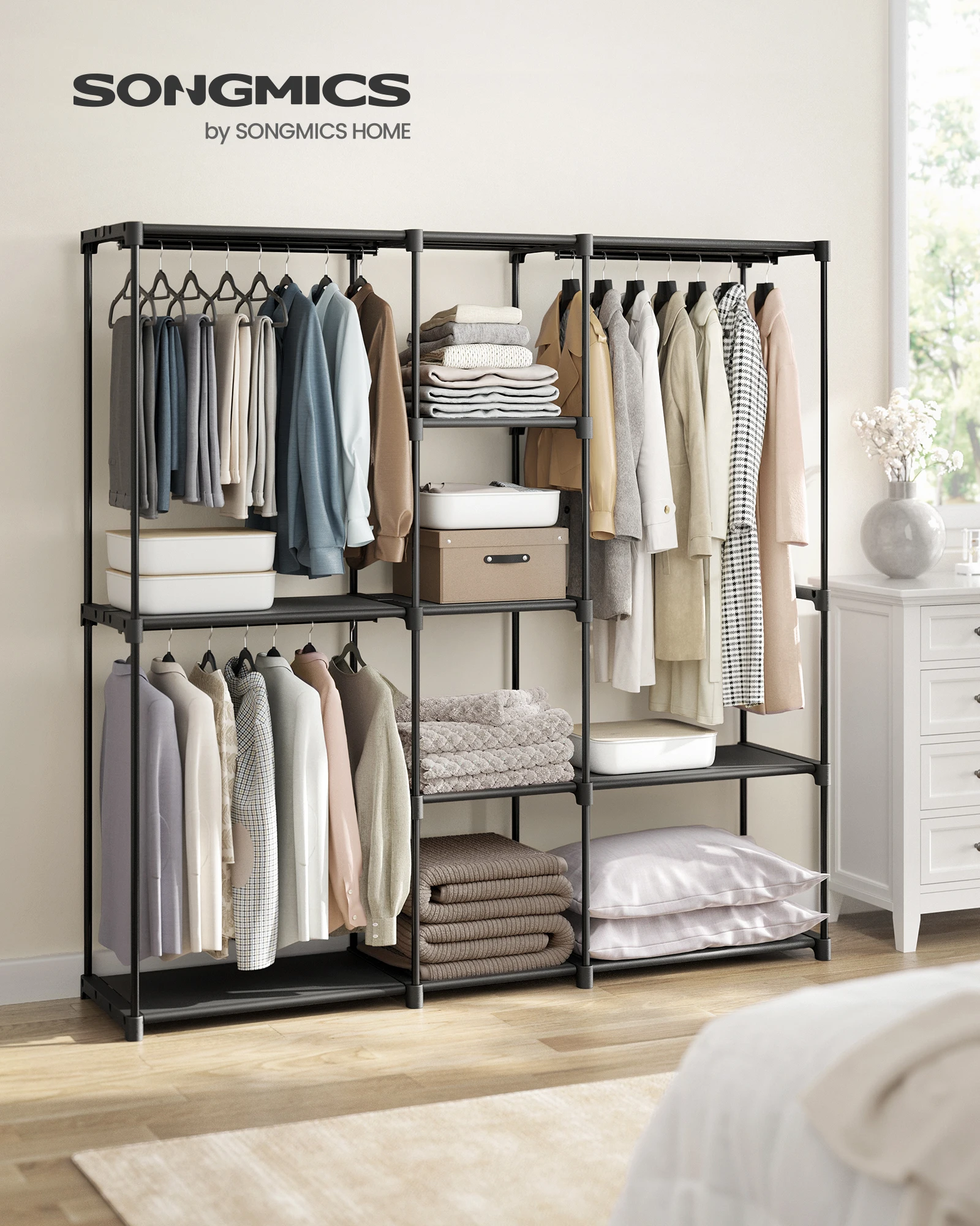 SONGMICS Portable Open Wardrobe, Clothes Rack, Freestanding Wardrobe with Clothes Rails and Fabric Shelves for Bedroom