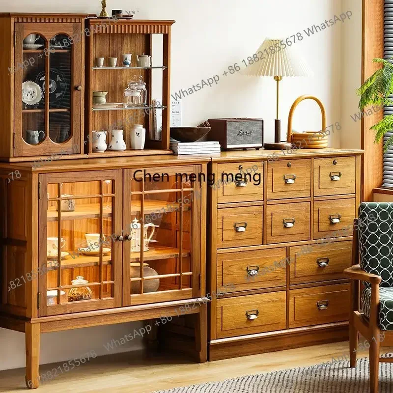 

Z136 Старинный тиковый буфет для столовой, полностью из массива дерева, с ретро-стеклянными дверцами, средний антикварный низкий шкаф для прихожей