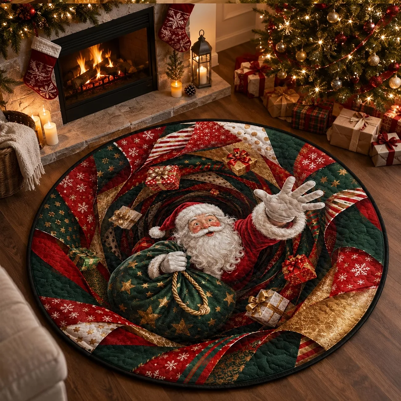 Vintage Santa Claus Christmas 3D Floor Mat Laundry Kitchen Hallway Home Decor Front Door Back Door Office Dining Area Round Rug